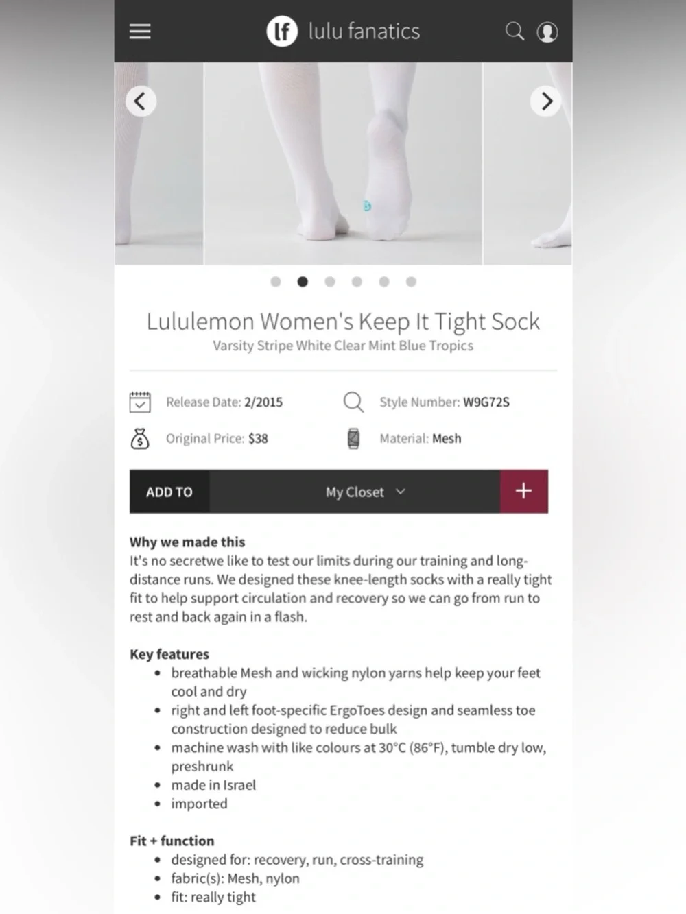 Lululemon Women's Keep It Tight Sock Size Medium (Compression Socks)